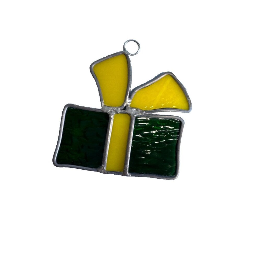 Handcrafted John Deer Colored Stain Glass Christmas Present Ornament 3"